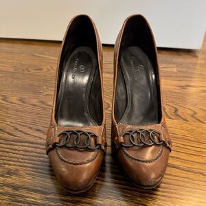 Cole Haan brown leather heels with metal ring detail